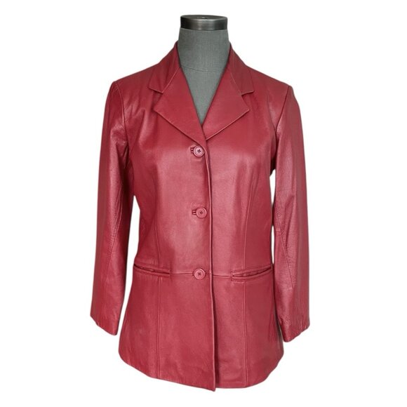 Preston York Red Lambskin Leather Jacket Button Front Trench Coat Women’s PM - Picture 4 of 7
